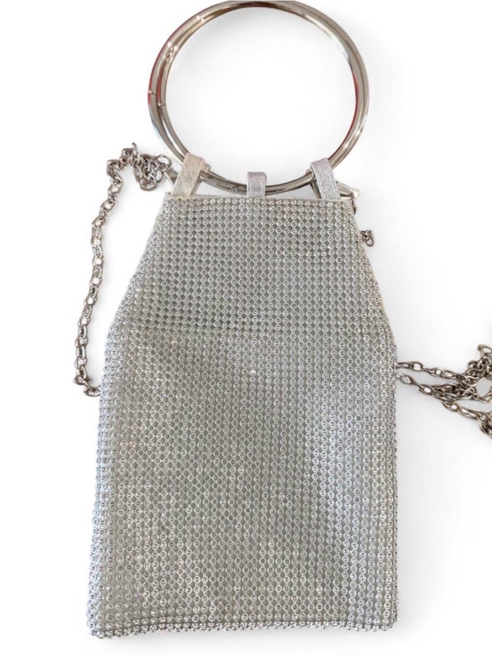 Silver Rhinestone Mesh Ring-Handle Evening Bag